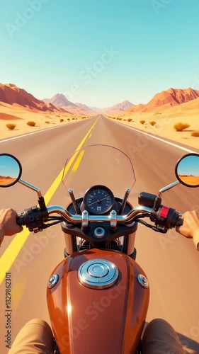 First person view from classic motorcycle riding along empty desert highway, mountains in the distance under clear blue sky, freedom and exploration concept