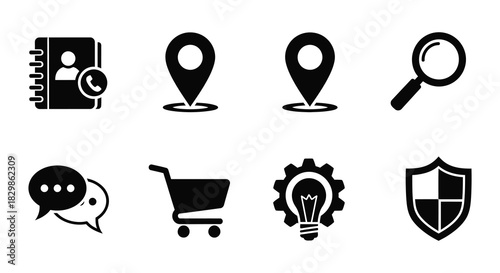 Black communication icons displaying contact methods and information access tools
