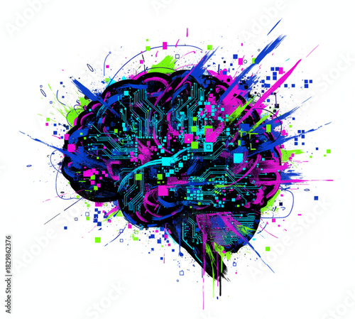 A vibrant, abstract explosion of color from a digital circuit brain, symbolizing creativity, artificial intelligence, and innovative thinking