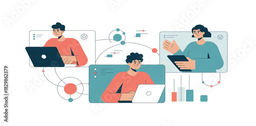 The characters are connected by smooth, flowing abstract ribbons and lines (in colors like coral, teal, and soft green) that represent data and communication streams