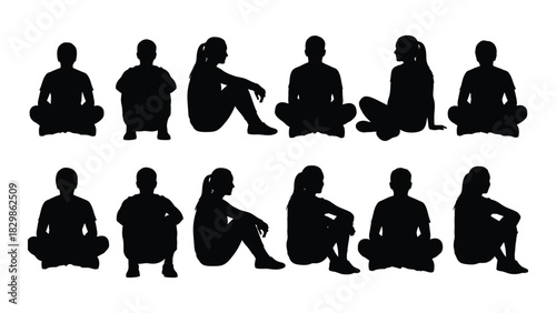 Diverse silhouettes of people sitting isolated on white background, Vector