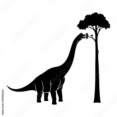 Silhouette of a brachiosaurus eating leaves from a tall tree on white background