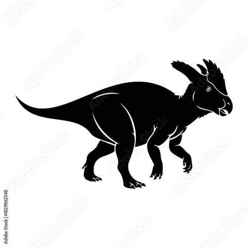 Black silhouette of a pachycephalosaurus dinosaur walking on white background