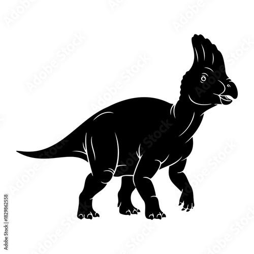 Black silhouette of a parasaurolophus dinosaur walking on a white background