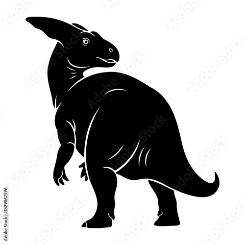 A black parasaurolophus dinosaur silhouette standing on a white background