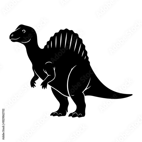 Isolated black silhouette of a spinosaurus dinosaur on a white background