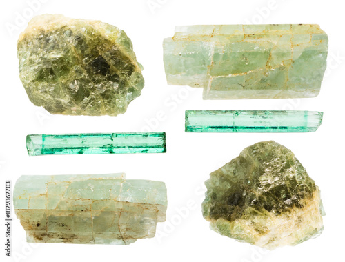 set of samples of green beryl stones isolated