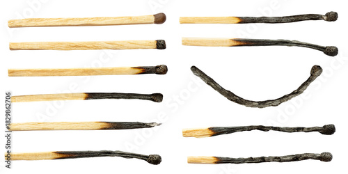 various charred household wooden matches isolated