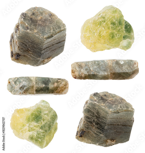 set of sample of green sapphire corundums isolated