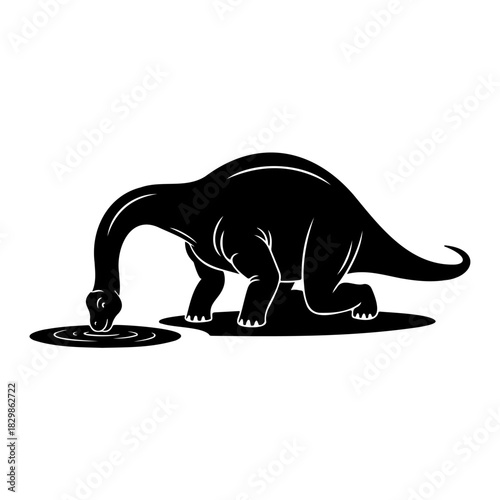 Silhouette of a dinosaur drinking water from a puddle on a white background