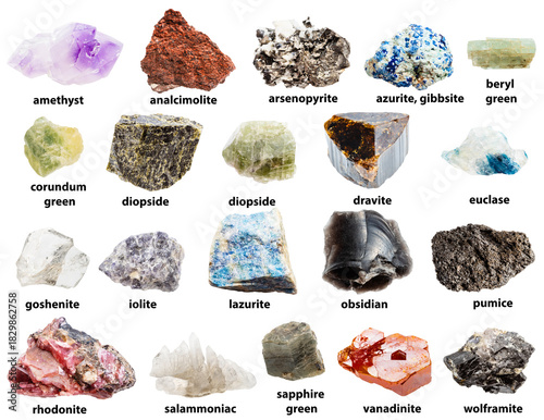 set of samples of rough rocks with names isolated