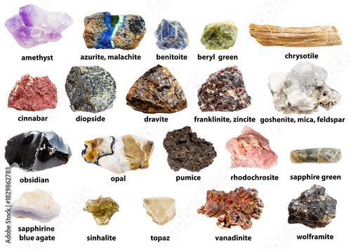 set of samples of unsut rocks with names isolated