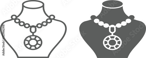 Jewelry Mannequin with Necklace Vector Icon: Fashion Accessory Display, Outline and Solid Silhouette, Editable Stroke