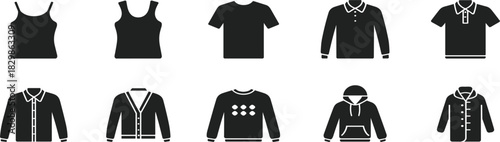 Apparel and Clothing Silhouette Vector Icon Set: T-Shirt, Sweater, Cardigan, Shirt, Fashion Garments, Solid Fill