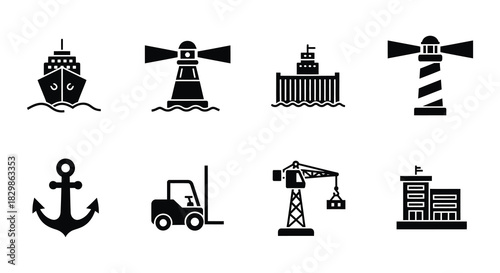 Black and white icons depicting maritime navigation and shipping elements