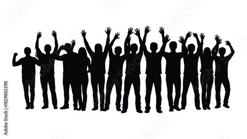 Silhouettes of cheering people with raised arms isolated on white background, Vector