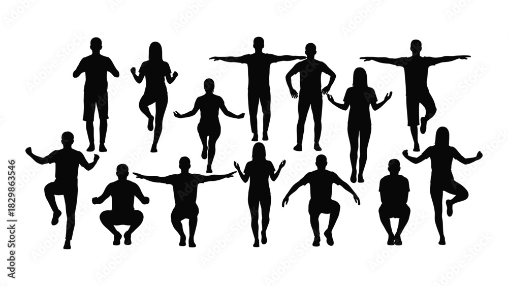 Fototapeta premium Dynamic human silhouettes in various poses isolated on white background, Vector