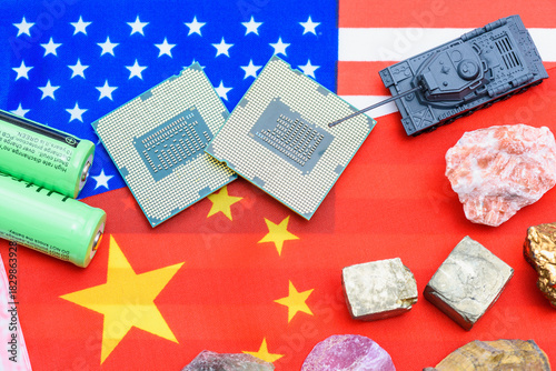 Conceptual image of the superpower struggle. Features semiconductors, batteries, and raw materials on US and China flags, symbolizing the battle for technology dominance and security.