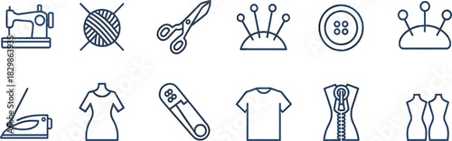 Sewing, Tailoring, and Fashion Design Vector Icon Set: Needlework, Craft, Garment Making Tools, Outline Signs, Editable Stroke