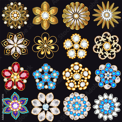 Collection of ornate gemstone brooches in gold and multicolor against a dark  background
