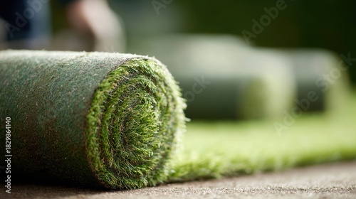 close-up of turf rolls being applied, lawn installation, vibrant green grass, outdoor landscaping scene