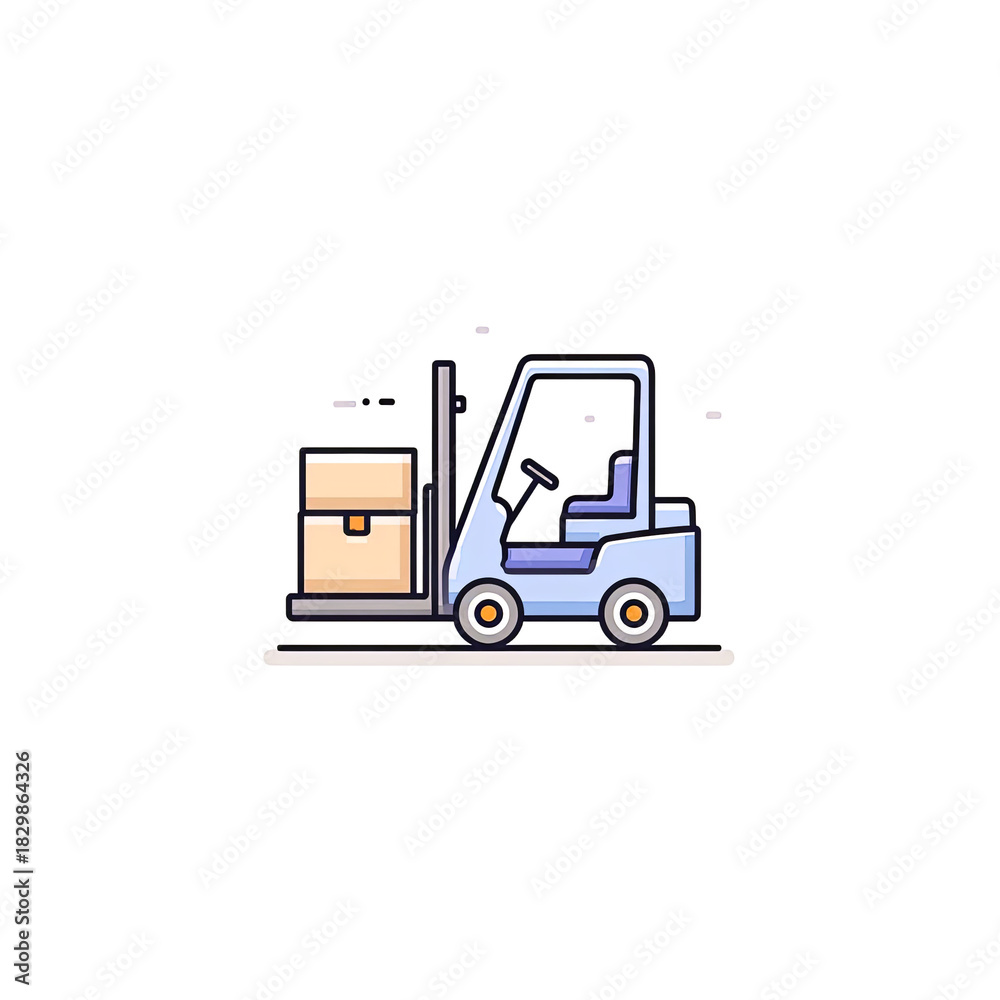 Naklejka premium A blue forklift transporting a cardboard box in a warehouse, symbolizing logistics and efficient inventory management.