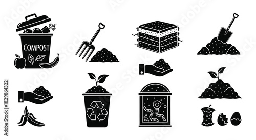 Soil composition plant growth and analysis icons in a black silhouette style