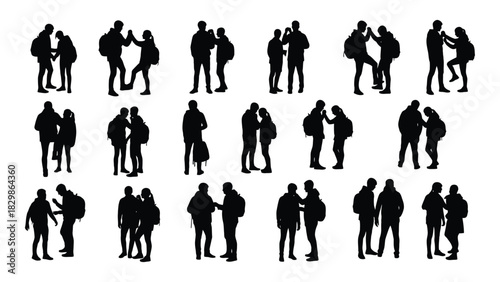 Student silhouettes with backpacks isolated on white background, Vector