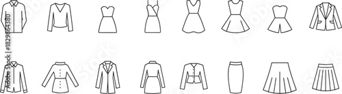 Women's Fashion Clothing Vector Icon Set: Dresses, Skirts, Jackets, Blouses, Apparel Outline Signs, Editable Stroke