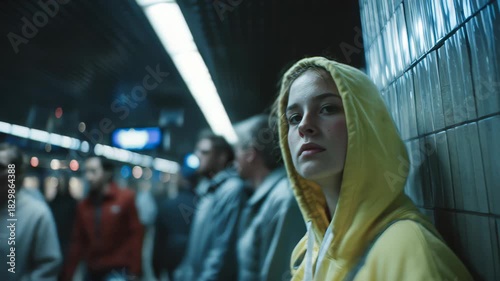 Young caucasian woman in yellow hoodie waits on busy metro station platform under hard fluorescent lights, modern urban commuting concept