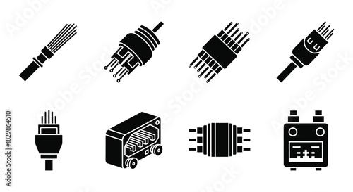 Collection of various electronic connectors and plugs in a black and white style