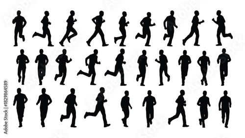 Set of running people silhouettes isolated on white background, Vector