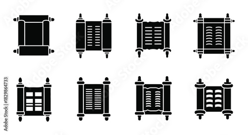 Collection of ancient scroll icons in black and white isolated design