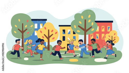 Kids running and playing tag together outdoors on the schoolyard. Ideal for education materials, childhood activity concepts, playful learning scenes, and school lifestyle themes.