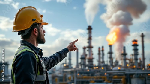 Engineer in yellow hard hat and blue uniform points at smoking chimneys and refinery installations under blue sky, industrial safety and inspection concept