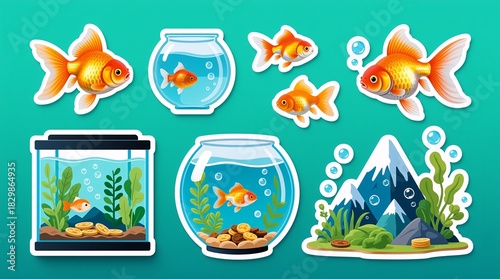 Colorful goldfish stickers in aquariums, expressed joy or Used for kids' decor