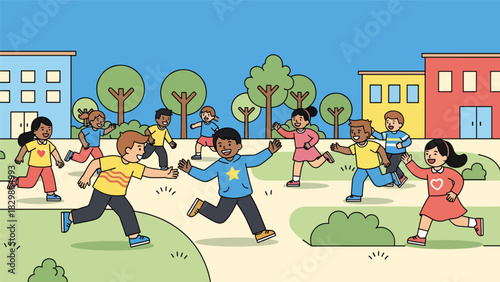 Kids running and playing tag together outdoors on the schoolyard. Ideal for education materials, childhood activity concepts, playful learning scenes, and school lifestyle themes.