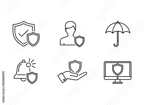 Six line art icons depicting security and protection: shield with checkmark, person with shield, umbrella, bell with shield, hand holding shield, and computer monitor with shield.
