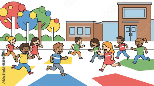 Kids running and playing tag together outdoors on the schoolyard. Ideal for education materials, childhood activity concepts, playful learning scenes, and school lifestyle themes.