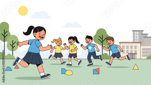 Kids running and playing tag together outdoors on the schoolyard. Ideal for education materials, childhood activity concepts, playful learning scenes, and school lifestyle themes.