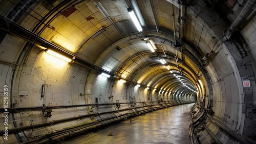 The camera moves through an industrial tunnel with bright yellow pipes and a clear railway perspective, illuminated by modern overhead lighting, urban infrastructure and transportation concept
