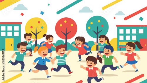 Kids running and playing tag together outdoors on the schoolyard. Ideal for education materials, childhood activity concepts, playful learning scenes, and school lifestyle themes.