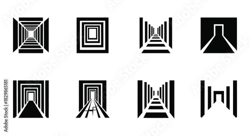 Abstract black and white geometric shapes resembling building interiors and arches