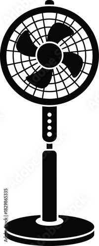 A black silhouette of a standing fan with a circular grill and adjustable height stand