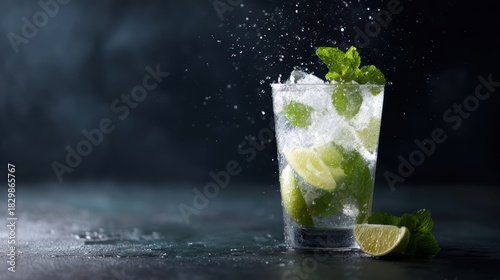 minty mojito with lemon and lime, ice and liquid splashing out of glass, vibrant droplets, dark background