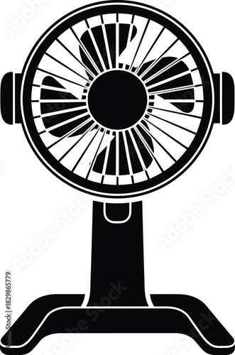 Simple black silhouette of a modern electric tabletop fan on a white background