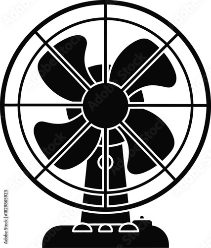 A classic electric desk fan depicted in a bold black silhouette on a white background silhouette