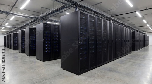 Data Center Server Room with Rows of Matte Black Cabinets and Glowing Indicators