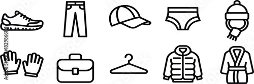 Clothing, Accessories, and Garment Vector Icon Set: Outerwear, Footwear, Headwear, Business, Outline Signs, Editable Stroke