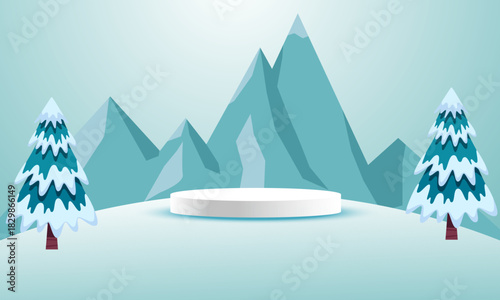 Winter Wonderland Stage Snowy Landscape with Podium. Perfect for Product Display, Festive Events, Seasonal Marketing, and Holiday Concepts